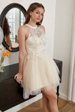 Champagne Beaded Halter Tulle Short Formal Dress