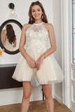 Champagne Beaded Halter Tulle Short Formal Dress