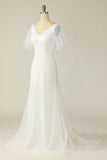 White V Neck Lace Wedding Dress