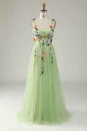 Green Spaghetti Straps Formal Dress With 3D Flowers