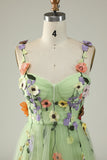 Green Spaghetti Straps Formal Dress With 3D Flowers