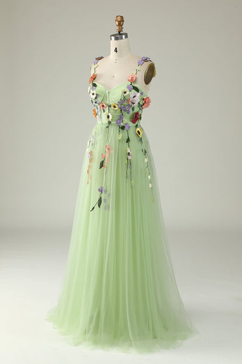 Green Spaghetti Straps Formal Dress With 3D Flowers