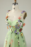 Green Spaghetti Straps Formal Dress With 3D Flowers