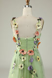 Green Spaghetti Straps Formal Dress With 3D Flowers