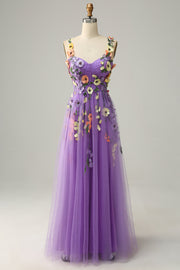 A Line Purple Spaghetti Straps Formal Dress With 3D Flowers