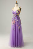 A Line Purple Spaghetti Straps Formal Dress With 3D Flowers