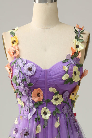 A Line Purple Spaghetti Straps Formal Dress With 3D Flowers
