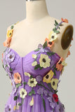 A Line Purple Spaghetti Straps Formal Dress With 3D Flowers