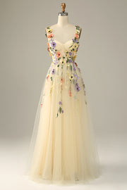 Champagne Spaghetti Straps Formal Dress With 3D Flowers