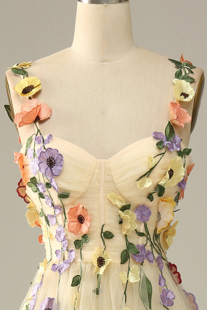 Load image into Gallery viewer, Champagne Spaghetti Straps Formal Dress With 3D Flowers