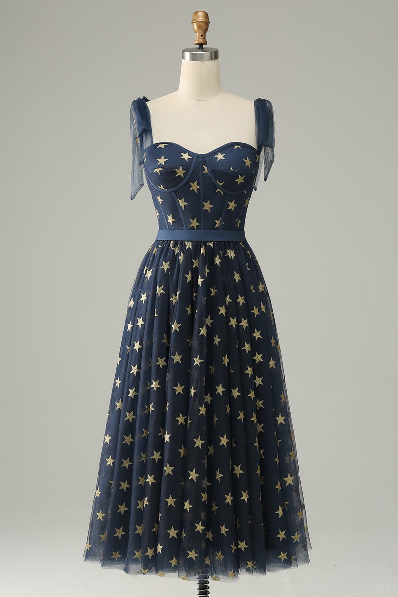 Load image into Gallery viewer, Navy Stars A-Line Tea-Length Formal Dress With Bowknots