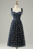 Navy Stars A-Line Tea-Length Formal Dress With Bowknots