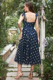 Navy Stars A-Line Tea-Length Formal Dress With Bowknots