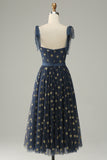 Navy Stars A-Line Tea-Length Formal Dress With Bowknots