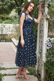 Navy Stars A-Line Tea-Length Formal Dress With Bowknots