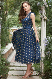 Navy Stars A-Line Tea-Length Formal Dress With Bowknots