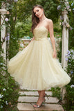 Yellow Spaghetti Straps Tea Length Formal Dress