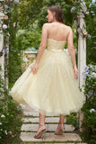 Yellow Spaghetti Straps Tea Length Formal Dress