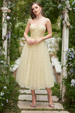 Yellow Spaghetti Straps Tea Length Formal Dress