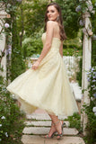 Yellow Spaghetti Straps Tea Length Formal Dress