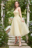 Yellow Spaghetti Straps Tea Length Formal Dress