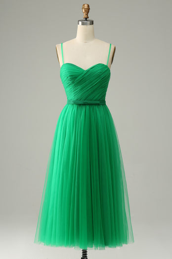 Green Tulle A-Line Midi Formal Dress with Ruffles