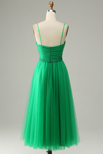 Green Tulle A-Line Midi Formal Dress with Ruffles