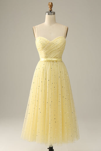 Yellow Spaghetti Straps Tea Length Formal Dress