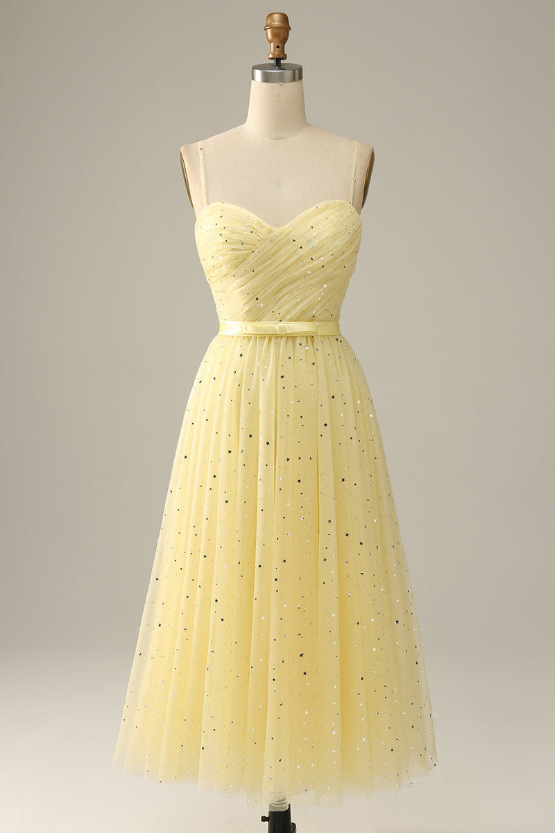 Load image into Gallery viewer, Yellow Spaghetti Straps Tea Length Formal Dress