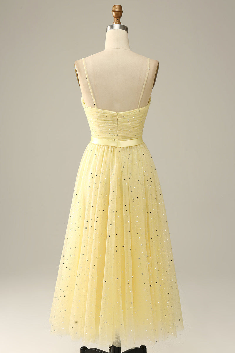 Load image into Gallery viewer, Yellow Spaghetti Straps Tea Length Formal Dress