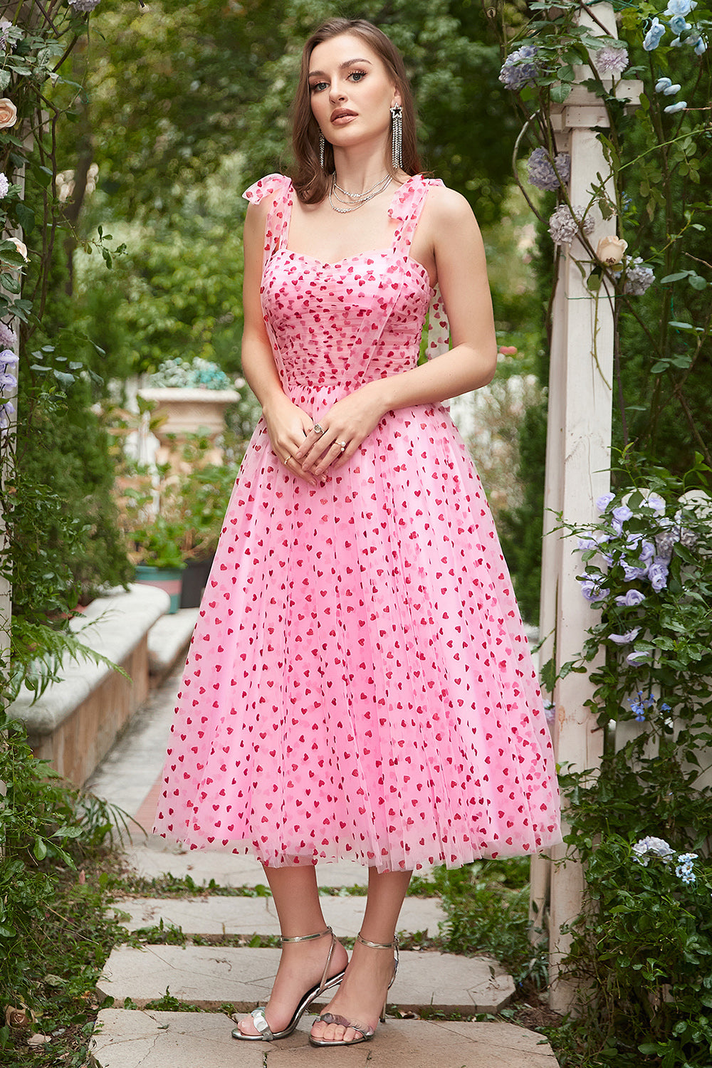 Pink Tulle A-Line Midi Formal Dress with Hearts