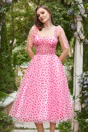 Pink Tulle A-Line Midi Formal Dress with Hearts