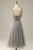 Grey Spaghetti Straps Tea-Length Formal Dress With Bowknots