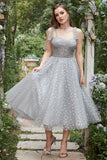 Grey Spaghetti Straps Tea-Length Formal Dress With Bowknots