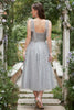 Load image into Gallery viewer, Grey Spaghetti Straps Tea-Length Formal Dress With Bowknots