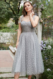 Grey Spaghetti Straps Tea-Length Formal Dress With Bowknots