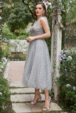 Grey Spaghetti Straps Tea-Length Formal Dress With Bowknots