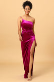 One Shoulder Velvet Formal Dress with Slit