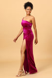 One Shoulder Velvet Formal Dress with Slit