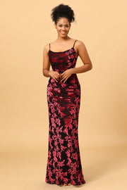 Sheath Spaghetti Straps Burgundy Printed Velvet Long Formal Dress with Silt