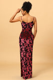 Sheath Spaghetti Straps Burgundy Printed Velvet Long Formal Dress with Silt