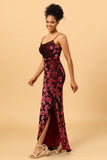 Sheath Spaghetti Straps Burgundy Printed Velvet Long Formal Dress with Silt