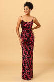 Sheath Spaghetti Straps Burgundy Printed Velvet Long Formal Dress with Silt