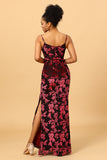 Sheath Spaghetti Straps Burgundy Printed Velvet Long Formal Dress with Silt