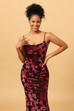 Sheath Spaghetti Straps Burgundy Printed Velvet Long Formal Dress with Silt