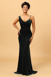 Mermaid V Neck Green Velvet Long Formal Dress