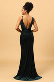 Mermaid V Neck Green Velvet Long Formal Dress