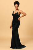 Mermaid V Neck Green Velvet Long Formal Dress