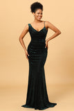 Mermaid V Neck Green Velvet Long Formal Dress