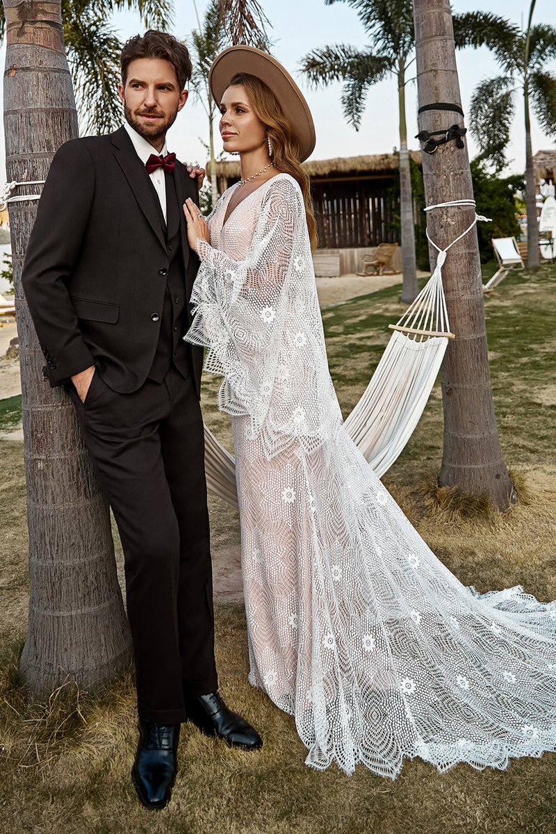 Load image into Gallery viewer, Ivory and Champagne Lace Boho Wedding Dress With Cape